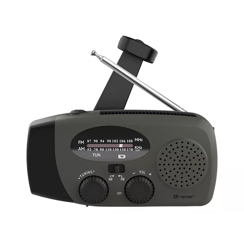 TRACER EXPLORER PRO ekspedicinis radijas su saulės panele, rankine sukimosi svirtimi, NOAA orų juosta, AM/FM, LED žibintuvėliu ir USB power bank