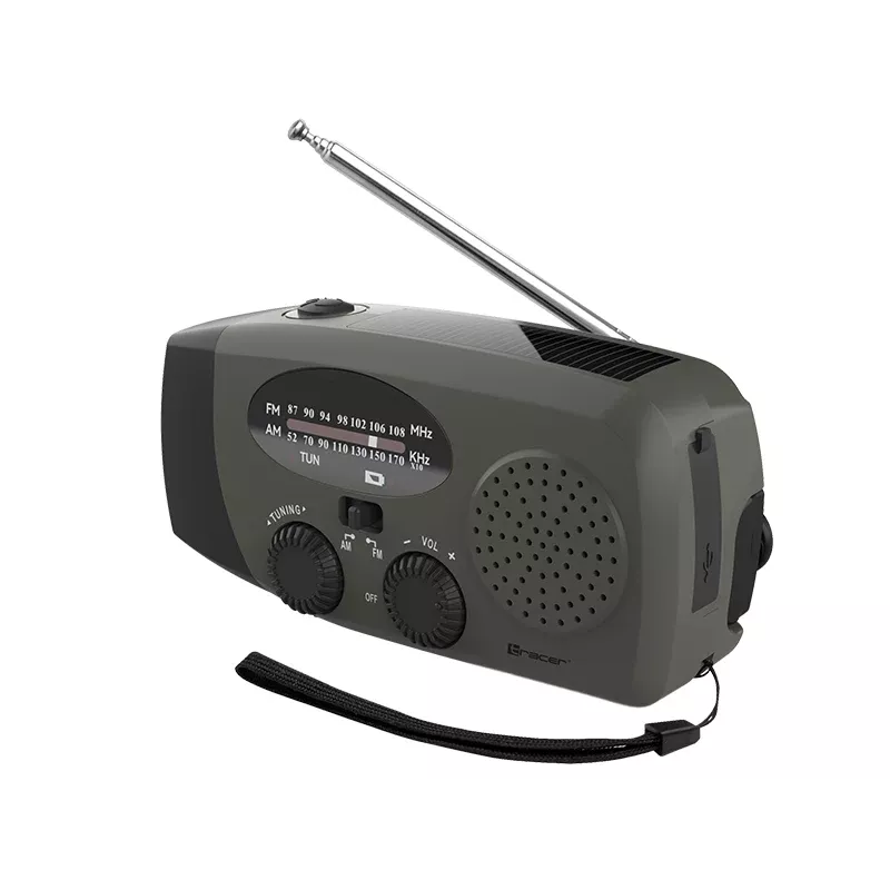 TRACER EXPLORER PRO ekspedicinis radijas su saulės panele, rankine sukimosi svirtimi, NOAA orų juosta, AM/FM, LED žibintuvėliu ir USB power bank