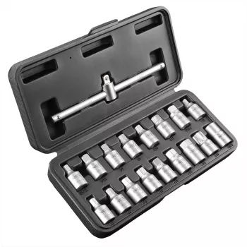 NEO TOOLS Alyvos išleidimo raktų rinkinys 3/8 colio pavara, 18 dalių, chromo vanadis, kvadratiniai/šešiabriauniai/Torx/spline lizdai, dėkle