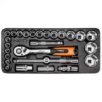NEO TOOLS 84-238 1/2 colio veržliarakčių komplektas su reketu, prailginimais, universaliąja jungtimi, slankiąja T formos rankena ir dėklu, 27 vnt. | CrV plienas | 10-32 mm