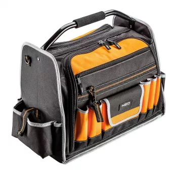 NEO TOOLS 84-301 18 kišenių 600D poliesterio įrankių krepšys su sustiprintu vandenį atstumiančiu dugnu, juoda/oranžinė