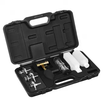 NEO TOOLS 11-271 Tarpinės po cilindro galvute nuotėkio testeris – CO2 degimo nuotėkio detektorius benzininiams, dyzeliniams ir LPG varikliams su 250ml bromtimolio mėlynojo skysčiu, universaliu kūgio adapteriu ir 10 gamintojų radiatoriaus adapterių