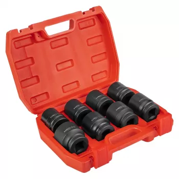 NEO TOOLS 3/4 inch smūginių lizdų rinkinys, 26–38 mm, 8 vnt., Cr-Mo plienas, juoda fosfatinė danga, DIN 3121, su dėklu