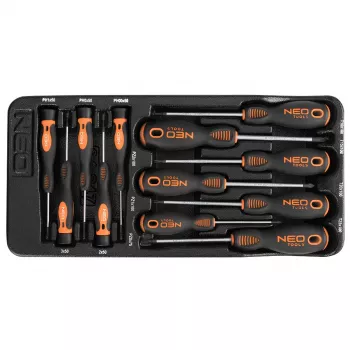 NEO TOOLS 12 dalių precizinių ir standartinių atsuktuvų rinkinys su PZ, TX, plokščiaisiais, Phillips antgaliais, magnetiniais antgaliais, chromo vanadžio plienu, dviejų medžiagų rankenomis, laikymo dėklu