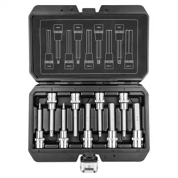 NEO TOOLS TOP-08-706 9 dalių 1/2 colio šešiakampių antgalių lizdų rinkinys, 100 mm ilgio antgaliai, dydžiai H5-H19, chromvanadžio ir S2 plieno