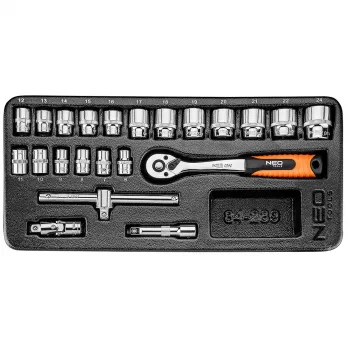 NEO TOOLS 3/8 colio 22 dalių veržliarakčių komplektas su EVA padėklu, chromo vanadžio plienas, 6-22 mm, 72 dantų greito atleidimo reketas, prailginimai, universalus šarnyras, žvakių galvutės