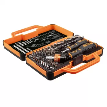NEO TOOLS 69 dalių atsuktuvų antgalių rinkinys su reketine rankena, S2 plieno antgaliai, 1/4 inch šešiabriaunis, Phillips, Pozi, Slotted, Torx, Hex, Square, Spanner, Tri-Wing, Torq-Set, magnetinis laikiklis, dėklas