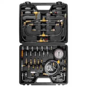 NEO TOOLS degalų įpurškimo sistemos testavimo rinkinys su 0-140 PSI glicerinu užpildytu manometru, 29 adapteriais ir liejamo plastiko dėklu