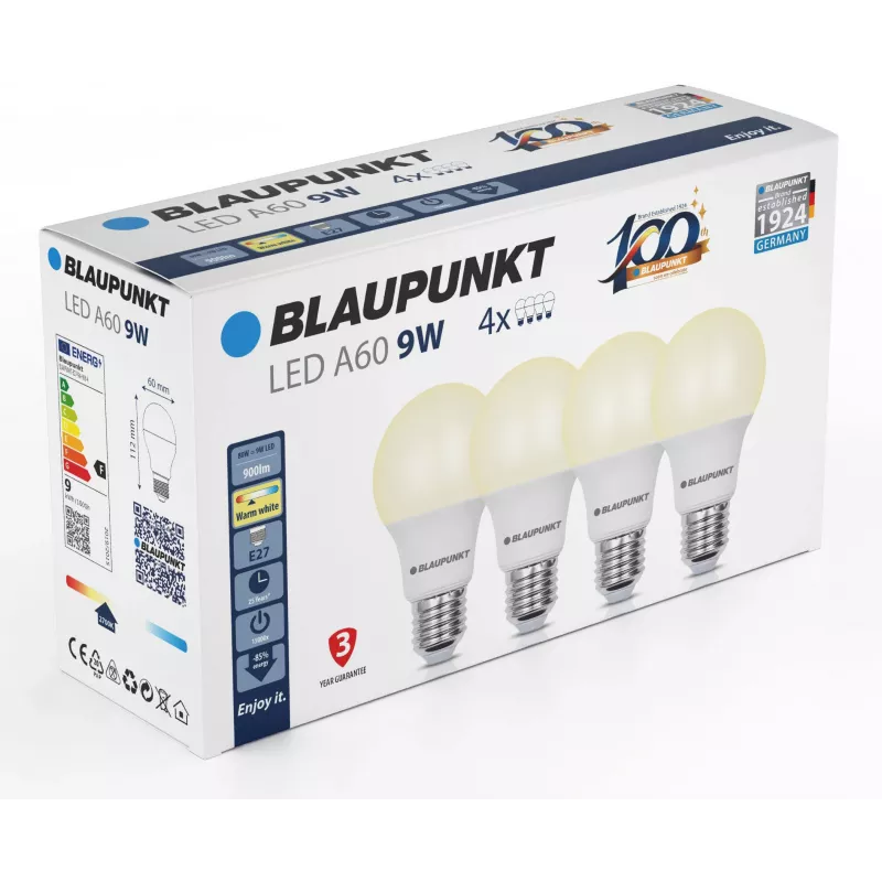 Blaupunkt LED lemputė E27 A60 9W, 900 lm, 2700 K, 4 vnt. (BLAUPUNKT-E27-9W-WW-4)