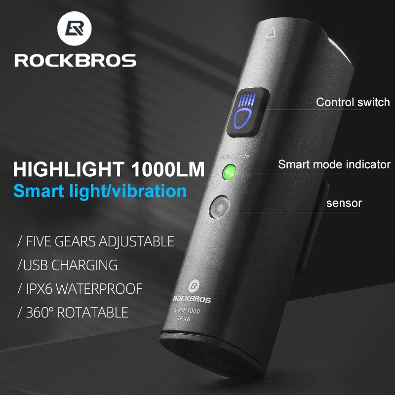 ROCKBROS V9M-1000 1000 liumenų USB-C įkraunamas priekinis dviračio žibintas - juodas
