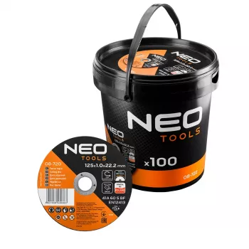 NEO TOOLS pjovimo diskai metalui 41A 60 S BF - 125x1,0x22,23 mm PLIENUI/NERŪDIJANČIAM PLIENUI, 100 vnt. kibire