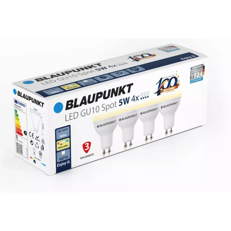 Blaupunkt LED lemputė GU10 5W, 500 lm, 2700 K, 4 vnt. (BLAUPUNKT-GU10-5W-WW-4)