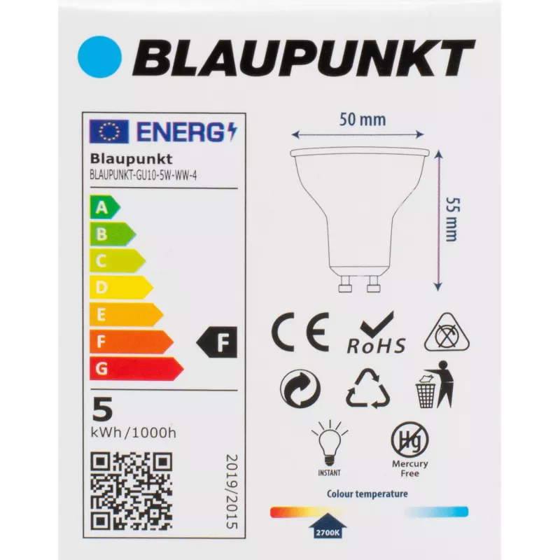Blaupunkt LED lemputė GU10 5W, 500 lm, 2700 K, 4 vnt. (BLAUPUNKT-GU10-5W-WW-4)
