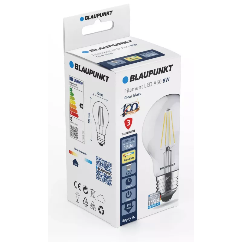 Blaupunkt LED filamentinė lemputė E27 A60 8W, 1055 lm, 2700 K (BLAUPUNKT-F-E27-8-WW)