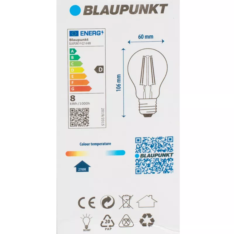 Blaupunkt LED filamentinė lemputė E27 A60 8W, 1055 lm, 2700 K (BLAUPUNKT-F-E27-8-WW)