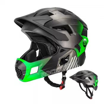 Rockbros TS-61 vaikiškas transformuojamas dviračio šalmas su nuimamu smakro apsaugu, žalias, M dydis (54-57 cm)