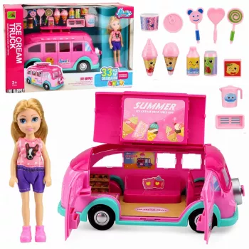 LEAN TOYS ledų mašinėlės žaislinis maisto sunkvežimis lėlėms, sulankstomas, rožinis, 33 dalys
