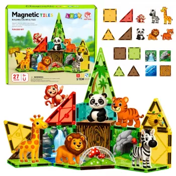 LEAN TOYS magnetiniai konstruktoriaus blokeliai Wild Animals Jungle ZOO 27 vnt.