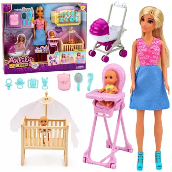 LEAN TOYS Anlily Mamos ir dvynių kūdikių lėlių rinkinys su aksesuarais