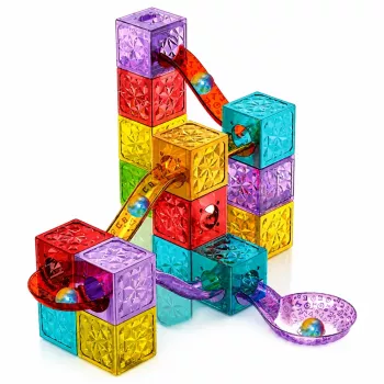 LEAN TOYS magnetiniai konstruktoriaus kubeliai su rutulio takeliu, spalvoti, 28 vnt.