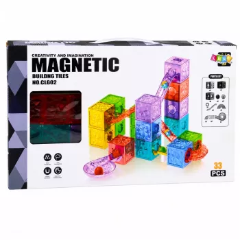 LEAN TOYS magnetiniai konstruktoriaus kubeliai su rutulio takeliu, spalvoti, 28 vnt.