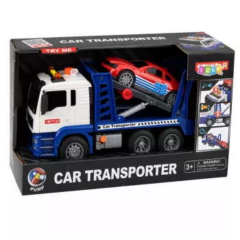 LEAN TOYS Lora vilkikas su automobiliu, pavara, šviesomis ir garsais, mėlynas