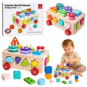LEAN TOYS medinis Montessori mokomasis rūšiuotojas ant ratukų su formomis ir skaičiais