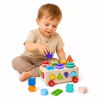 LEAN TOYS medinis Montessori mokomasis rūšiuotojas ant ratukų su formomis ir skaičiais