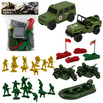 LEAN TOYS karinis rinkinys su kareiviais, transporto priemonėmis, baze ir bokštu - 46 vnt.
