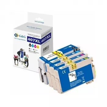 G&G suderinamos didelės talpos rašalo kasetės, skirtos Epson 407XL (juoda, žydra, rausvai raudona, geltona) – 4 vnt.