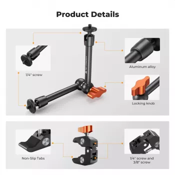 KF Magic Arm + Super Clamp tvirtinimo rinkinys su 1/4 colio ir 3/8 colio sriegiais, 15-55 mm žnyplėmis, juodos spalvos