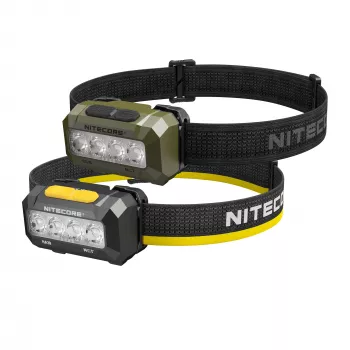 Nitecore HA19 600 liumenų balta ir raudona LED priekinė lemputė su IPX7 vandens atsparumu, 100 m šviesos spindulio nuotoliu, dviejų mygtukų valdymu, atšvaitais su galvos juosta, maitinama 3x AAA