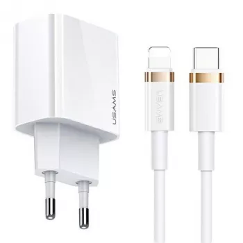 USAMS T34 20W USB-C PD sieninis įkroviklis su U63 USB-C į Lightning kabelio rinkiniu - baltas