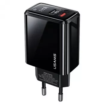 USAMS 20W dviejų prievadų sieninis įkroviklis USB-C PD3.0 + USB-A QC3.0 (EU kištukas, juodas)