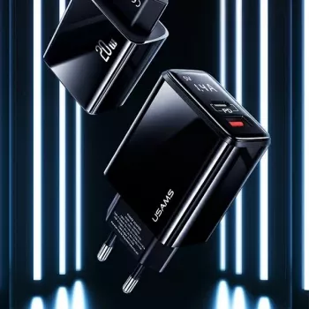 USAMS 20W dviejų prievadų sieninis įkroviklis USB-C PD3.0 + USB-A QC3.0 (EU kištukas, juodas)