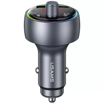 USAMS CC328 30W Bluetooth FM siųstuvas automobiliniam įkrovikliui su USB-C PD ir USB-A QC3.0, laisvų rankų skambučiais, LED ekranu, juodas