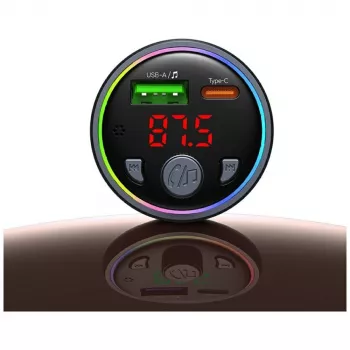 USAMS CC328 30W Bluetooth FM siųstuvas automobiliniam įkrovikliui su USB-C PD ir USB-A QC3.0, laisvų rankų skambučiais, LED ekranu, juodas