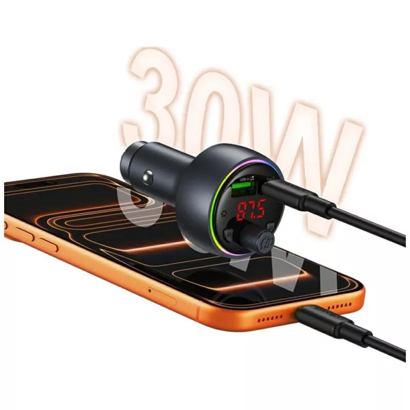 USAMS CC328 30W Bluetooth FM siųstuvas automobiliniam įkrovikliui su USB-C PD ir USB-A QC3.0, laisvų rankų skambučiais, LED ekranu, juodas
