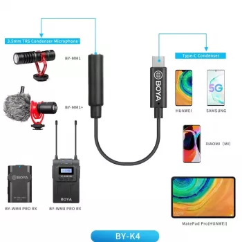 BOYA BY-K4 3,5 mm TRS jungtis į USB-C adapterio laidas mikrofonams (6 cm, juodas)
