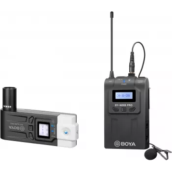 BOYA BY-WM8 Pro-K7 dviejų kanalų UHF belaidė apykaklinė mikrofonų sistema su 48 kanalais, 100 m veikimo atstumu, prie fotoaparato tvirtinamu imtuvu (568-590 MHz)
