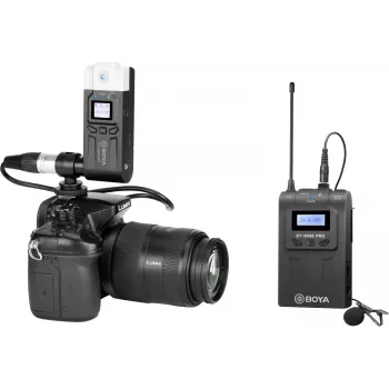BOYA BY-WM8 Pro-K7 dviejų kanalų UHF belaidė apykaklinė mikrofonų sistema su 48 kanalais, 100 m veikimo atstumu, prie fotoaparato tvirtinamu imtuvu (568-590 MHz)
