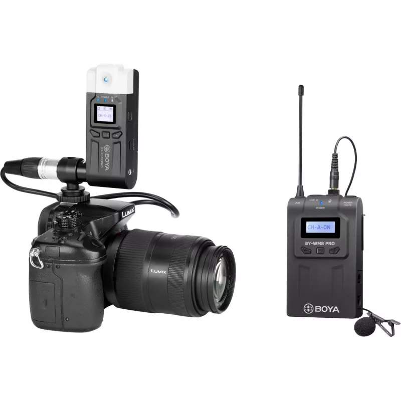 BOYA BY-WM8 Pro-K7 dviejų kanalų UHF belaidė apykaklinė mikrofonų sistema su 48 kanalais, 100 m veikimo atstumu, prie fotoaparato tvirtinamu imtuvu (568-590 MHz)