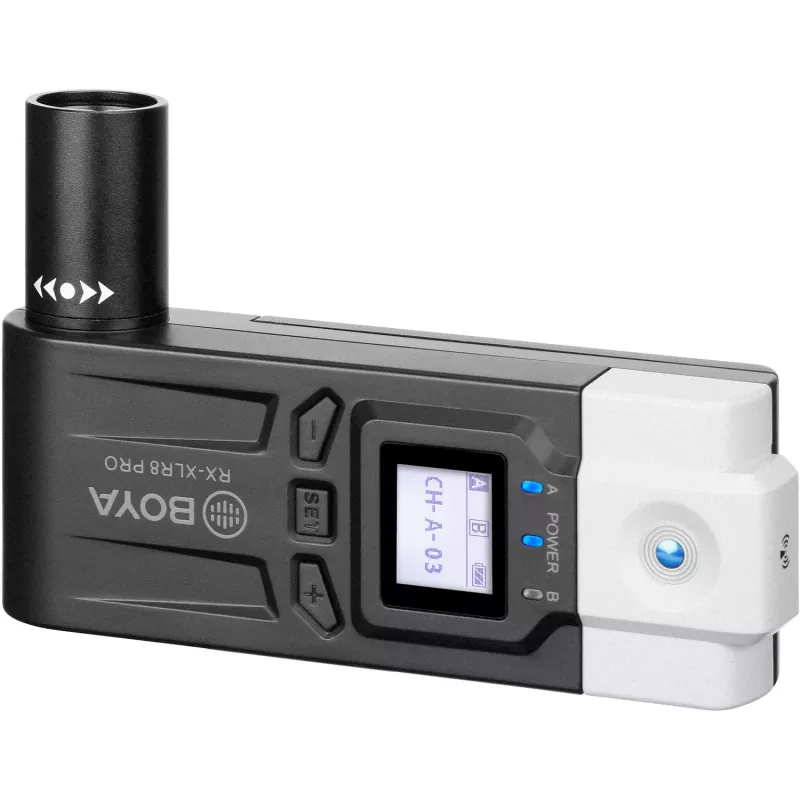 BOYA BY-WM8 Pro-K7 dviejų kanalų UHF belaidė apykaklinė mikrofonų sistema su 48 kanalais, 100 m veikimo atstumu, prie fotoaparato tvirtinamu imtuvu (568-590 MHz)