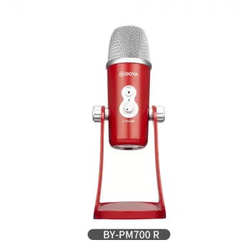 BOYA BY-PM700R USB kondensatorinis mikrofonas su kryptinėmis diagramomis, 3,5 mm ausinių išvestimi, stiprinimo valdymu, nutildymo mygtuku ir integruotu stalo stovu