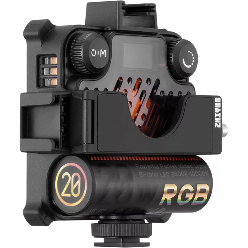 Zhiyun M20C COMBO RGB LED užpildymo šviesa su magnetiniu laikikliu, 20W, 2700K-6500K, CRI≥95, OLED ekranu, Bluetooth programėlės valdymu, mini trikojis, difuzorius, grotelės, laikymo krepšys