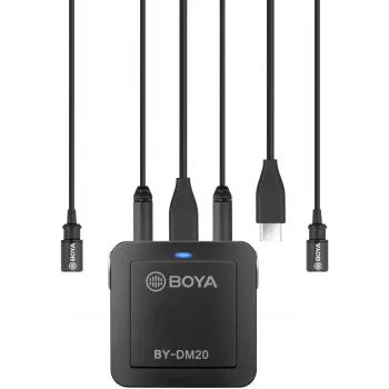 BOYA BY-DM20 dviejų kanalų skaitmeninis kondensatorinis mikrofonas su USB-C, Lightning ir USB-A jungtimis, visakryptis, 25Hz-20kHz, skirtas iOS, Android, Windows, Mac