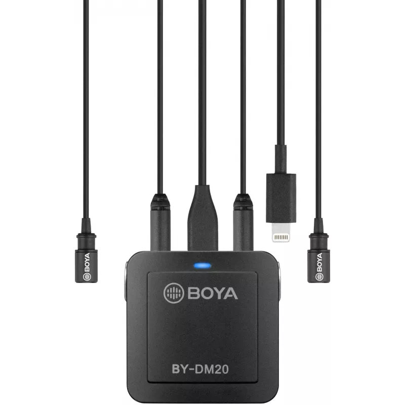 BOYA BY-DM20 dviejų kanalų skaitmeninis kondensatorinis mikrofonas su USB-C, Lightning ir USB-A jungtimis, visakryptis, 25Hz-20kHz, skirtas iOS, Android, Windows, Mac