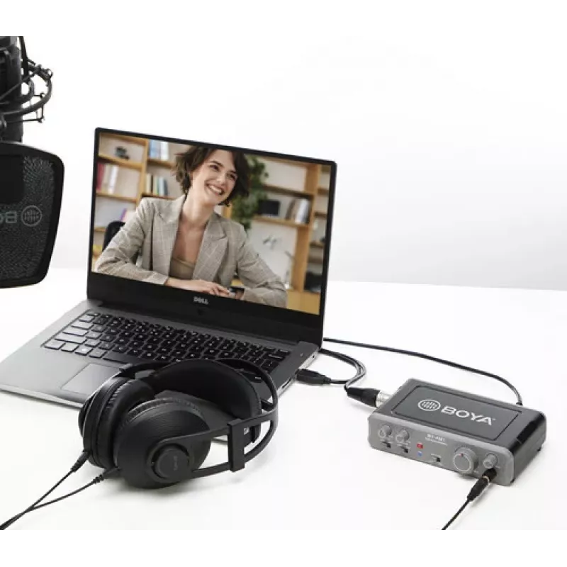 BOYA BY-AM1 2 kanalų USB-C garso sąsaja su XLR/TRS įėjimais, +48V fantominiu maitinimu ir tiesioginiu monitoravimu