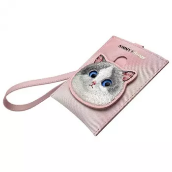 NIMMY Big Eyed Pet 2.0 Cat Pink PU Leather kortelių laikiklio piniginė su 6 kortelių lizdais, monetų kišene ir užtrauktuku