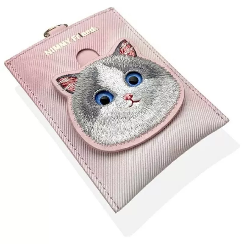 NIMMY Big Eyed Pet 2.0 Cat Pink PU Leather kortelių laikiklio piniginė su 6 kortelių lizdais, monetų kišene ir užtrauktuku
